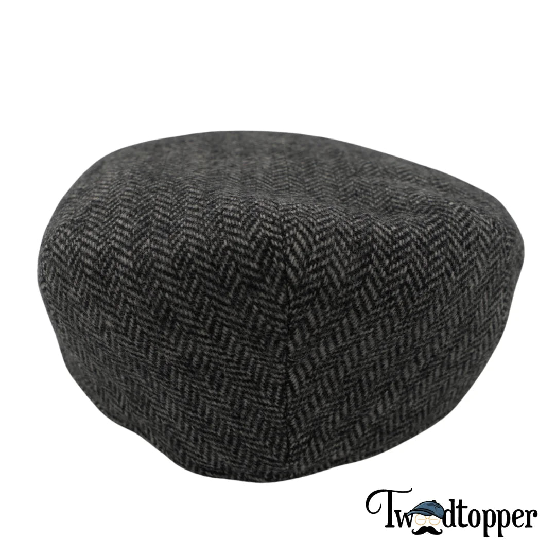 Grey Herringbone 100% Wool Tweed Golfing Ivy Flat Cap