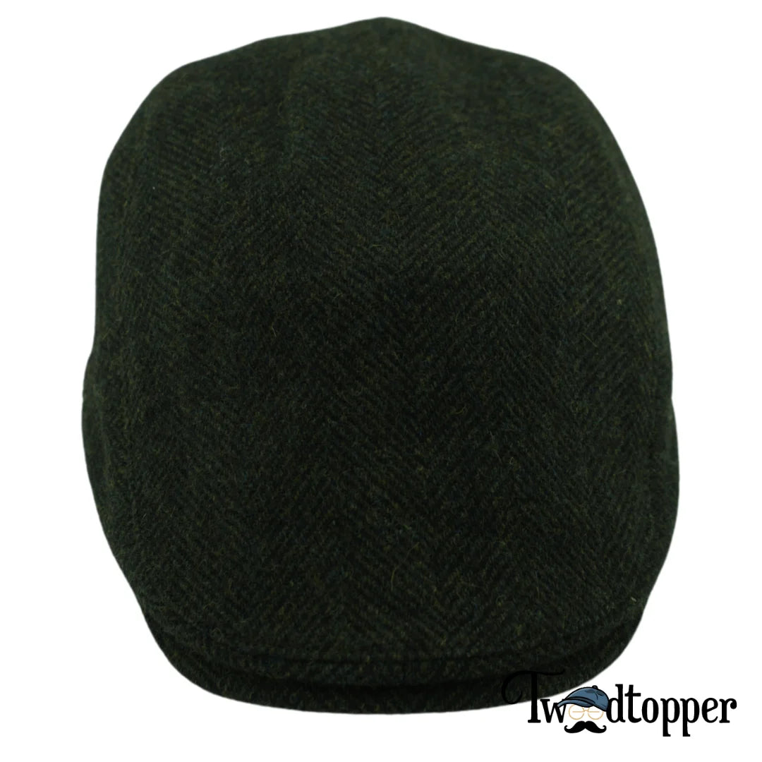 Green Herringbone 100% Wool Tweed Golfing Scally Flat Cap