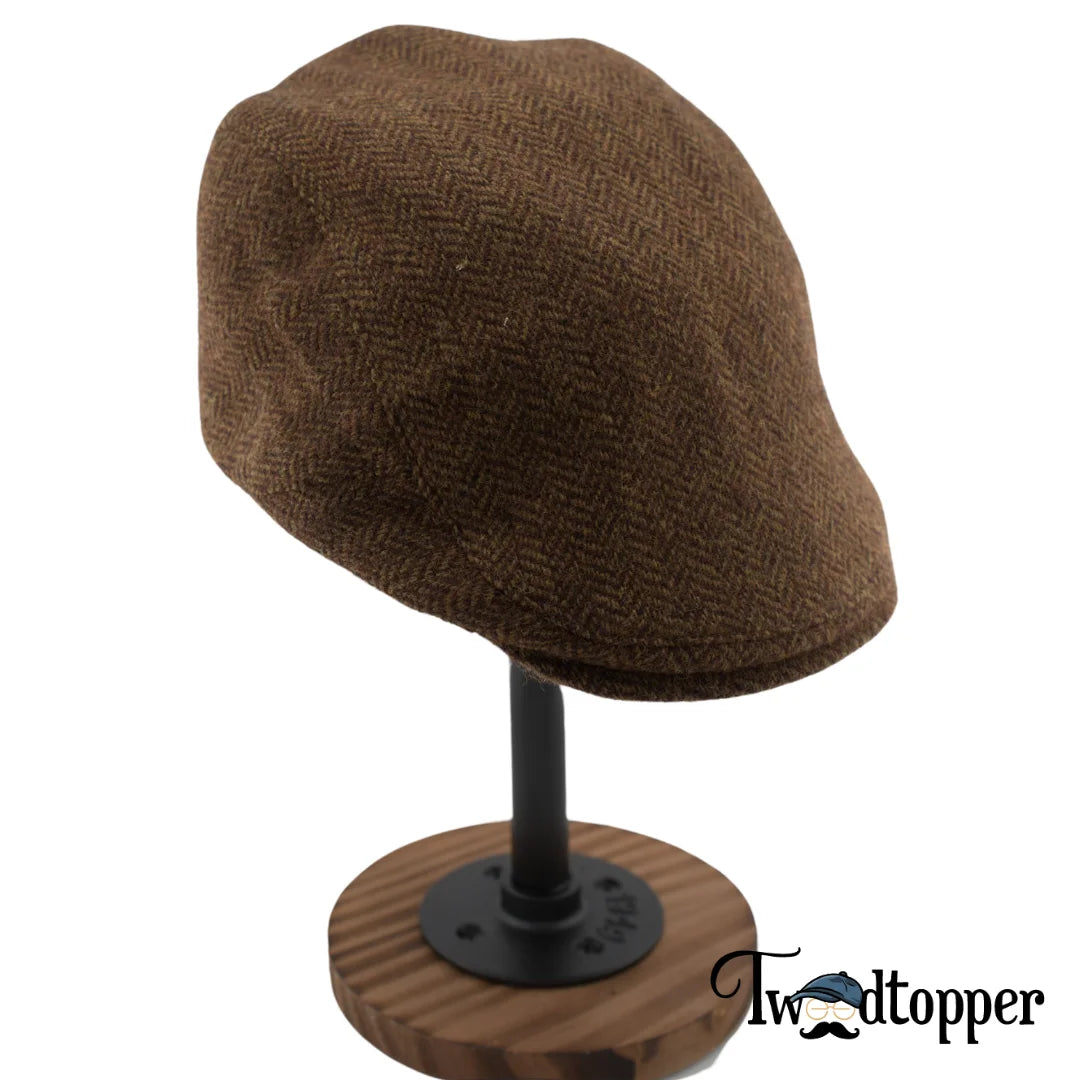 Brown Herringbone 100% Wool Tweed Golfing Scally Flat Cap