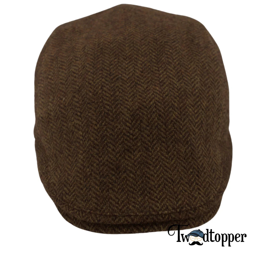 Brown Herringbone 100% Wool Tweed Golfing Scally Flat Cap