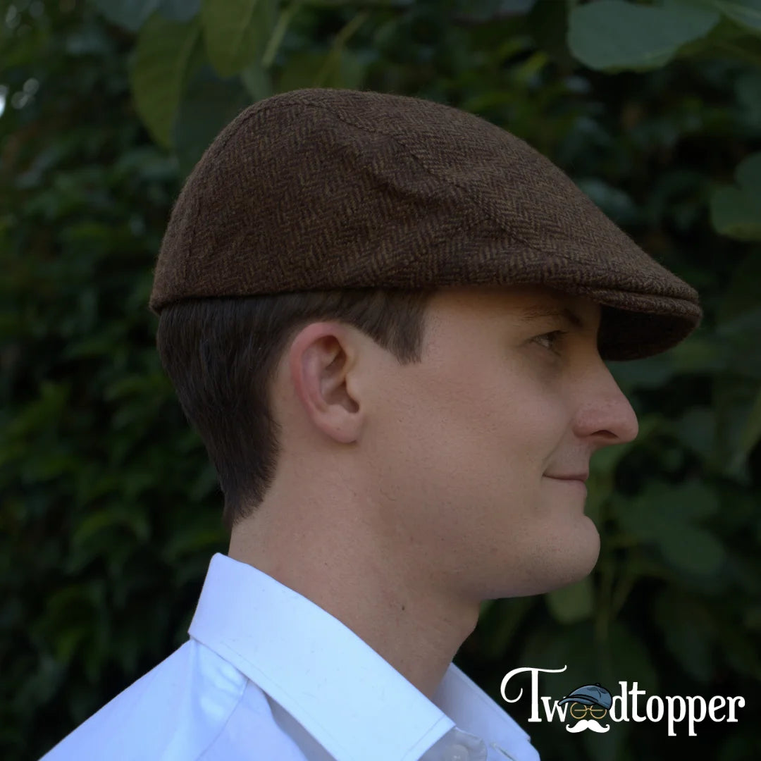 Brown Herringbone 100% Wool Tweed Golfing Scally Flat Cap