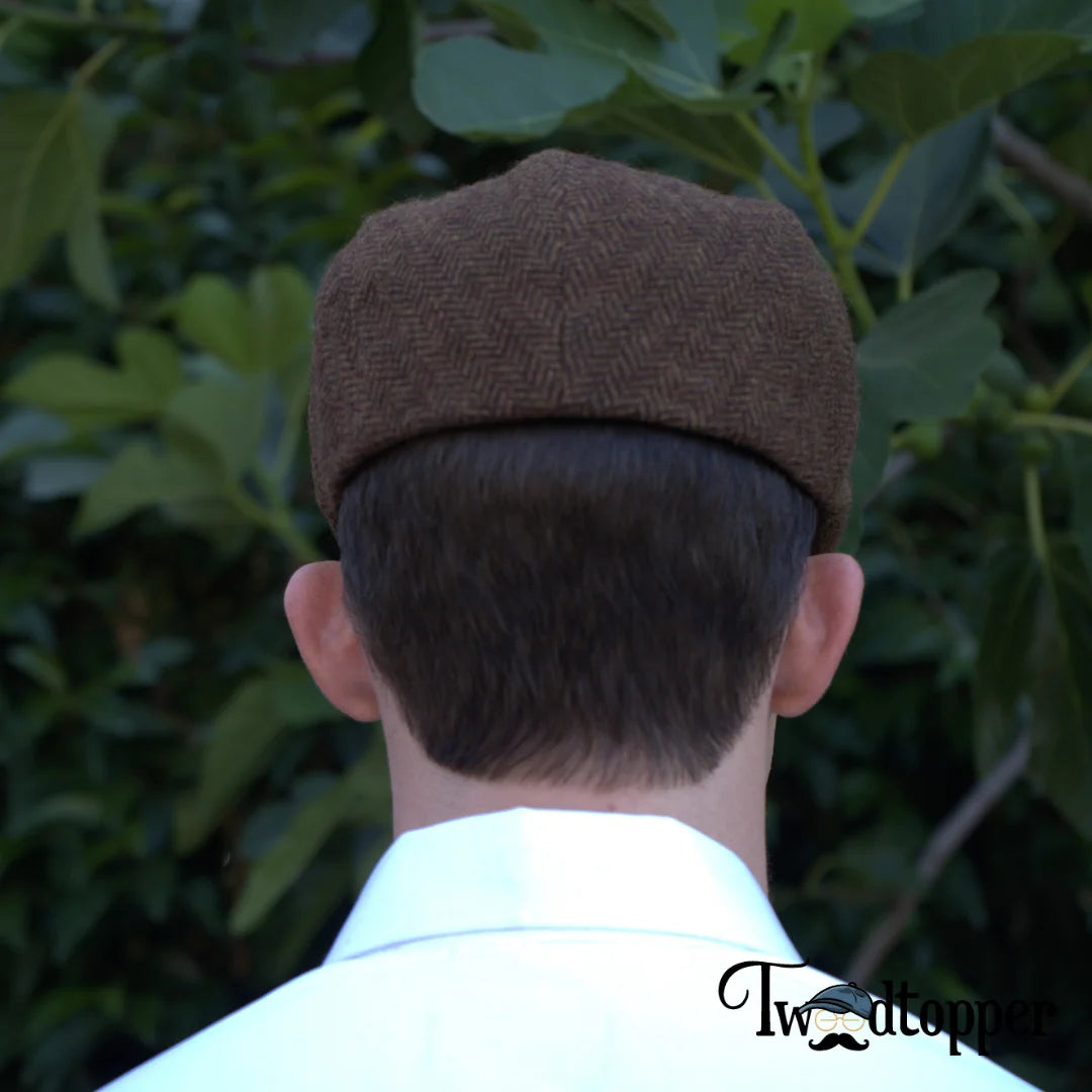 Brown Herringbone 100% Wool Tweed Golfing Scally Flat Cap