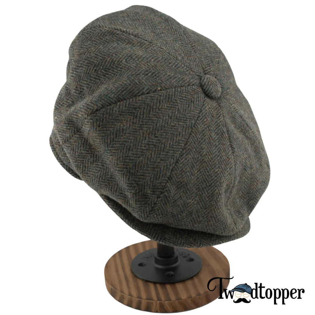 Olive Green Herringbone 100% Wool Newsboy Golfing Flat Cap