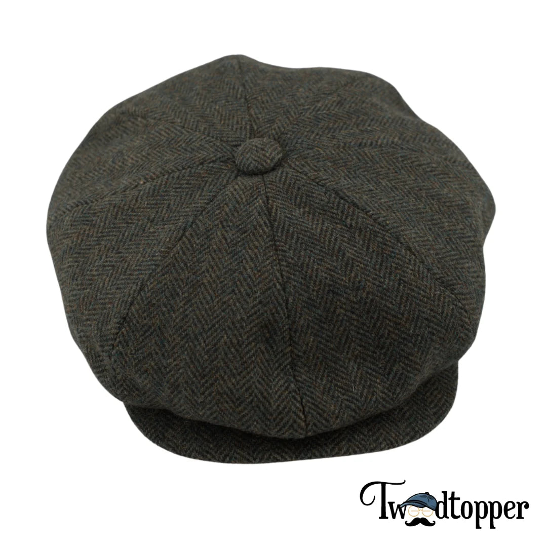 Olive Green Herringbone 100% Wool Newsboy Golfing Flat Cap