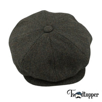 Thumbnail for Olive Green Herringbone 100% Wool Newsboy Golfing Flat Cap