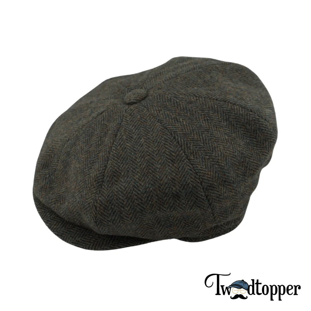 Olive Green Herringbone 100% Wool Newsboy Golfing Flat Cap