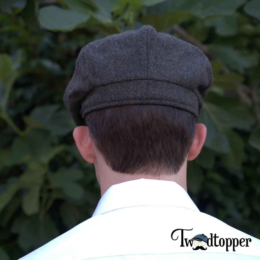 Olive Green Herringbone 100% Wool Newsboy Golfing Flat Cap