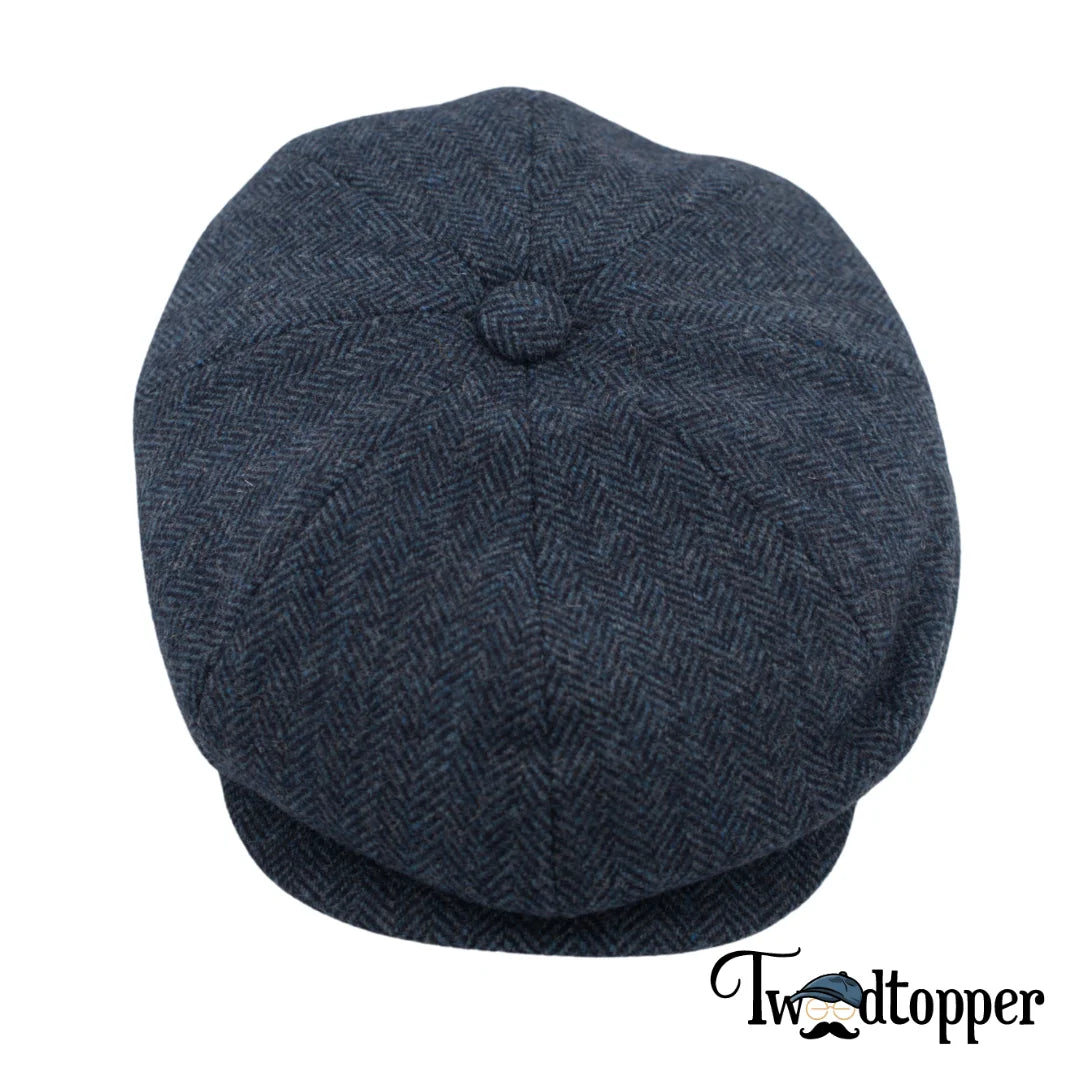 Blue Navy Herringbone 100% Wool Tweed Golfing Newsboy Cap