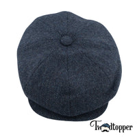 Thumbnail for Blue Navy Herringbone 100% Wool Tweed Golfing Newsboy Cap