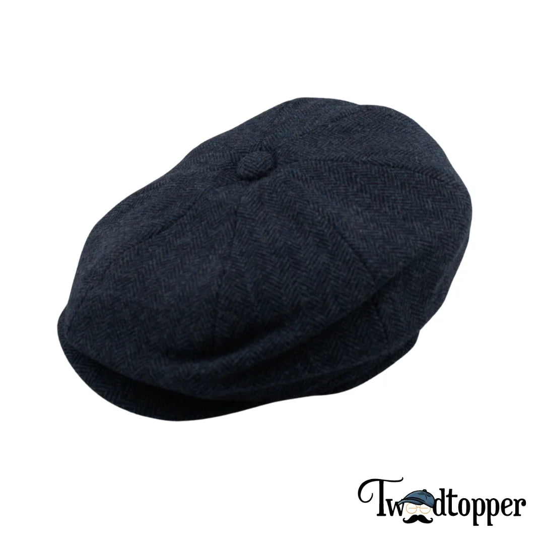 Blue Navy Herringbone 100% Wool Tweed Golfing Newsboy Cap