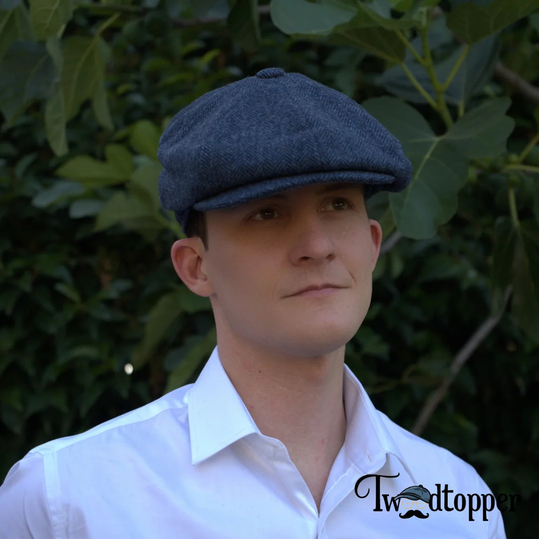 Blue Navy Herringbone 100% Wool Tweed Golfing Newsboy Cap