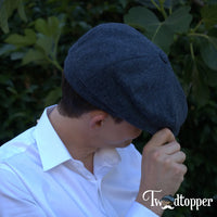 Thumbnail for Blue Navy Herringbone 100% Wool Tweed Golfing Newsboy Cap