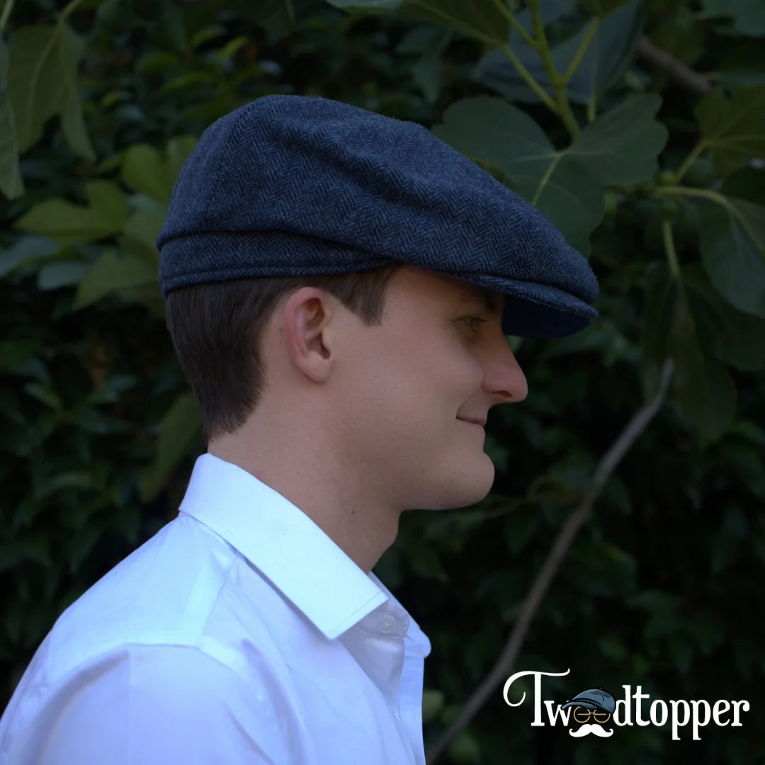 Blue Navy Herringbone 100% Wool Tweed Golfing Newsboy Cap