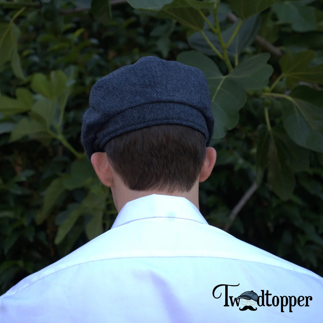 Blue Navy Herringbone 100% Wool Tweed Golfing Newsboy Cap