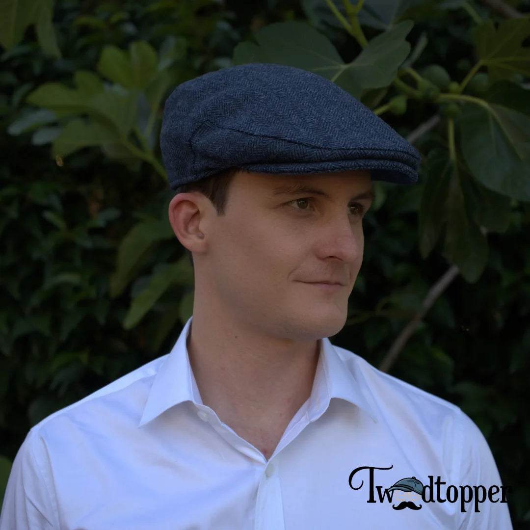 Navy Herringbone 100% Wool Tweed Golfing Ivy Flat Cap