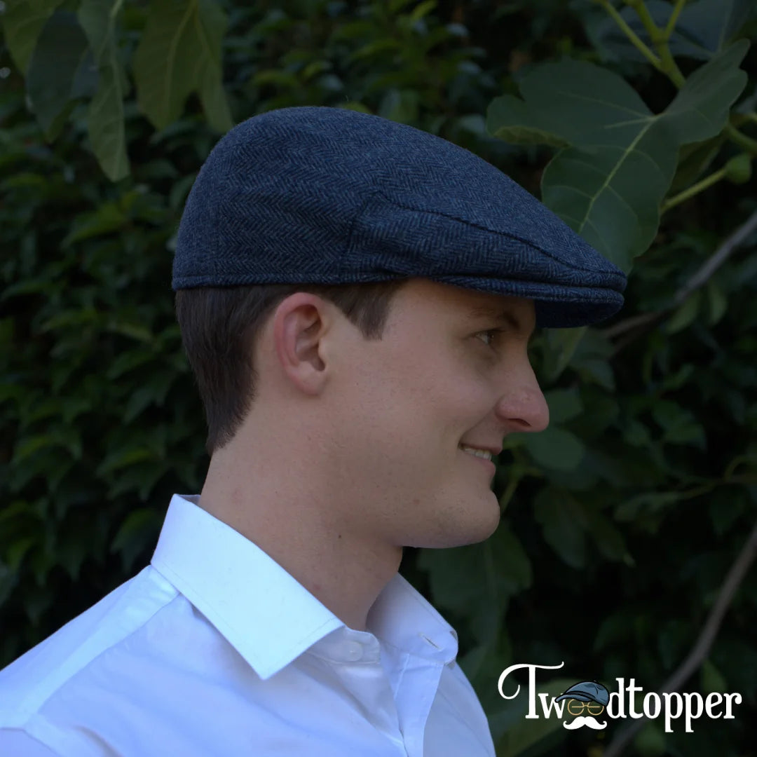 Navy Herringbone 100% Wool Tweed Golfing Ivy Flat Cap