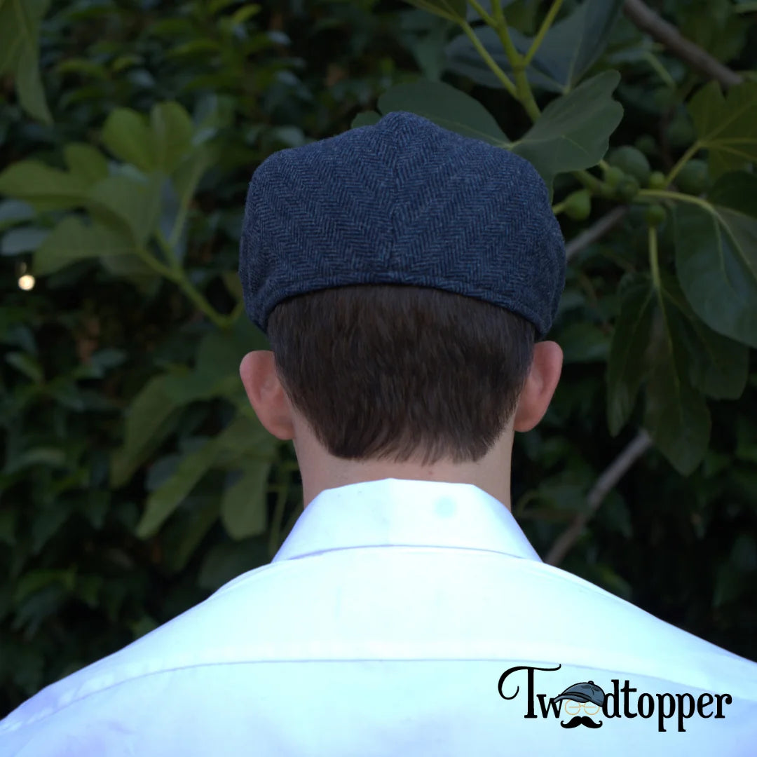 Navy Herringbone 100% Wool Tweed Golfing Ivy Flat Cap