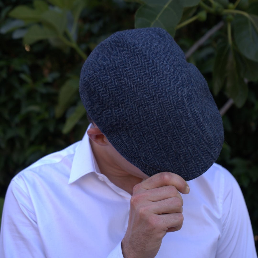 Navy Herringbone 100% Wool Tweed Golfing Ivy Flat Cap