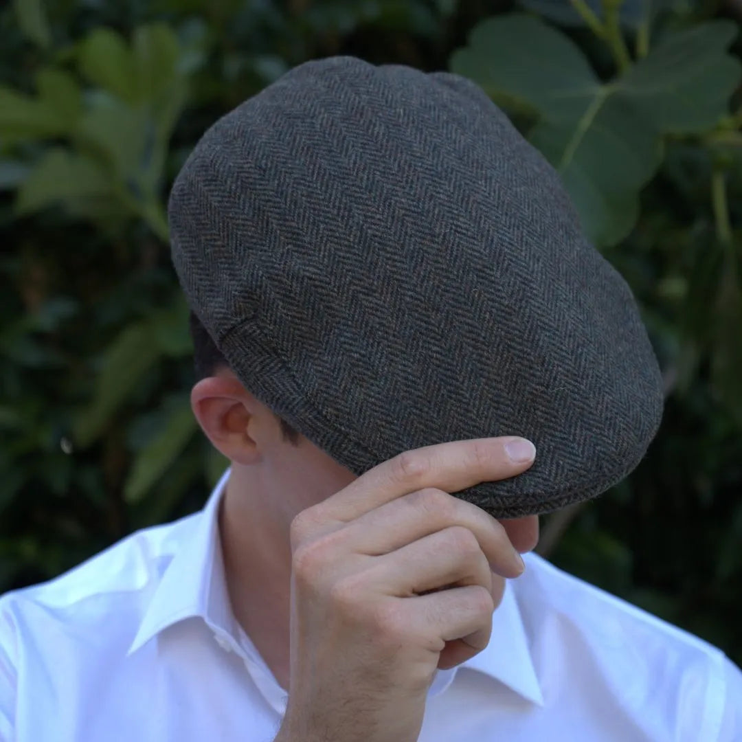 Forest Green Herringbone 100% Wool Tweed Golfing Ivy Flat Cap