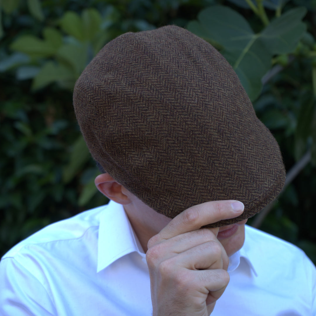 Brown Herringbone 100% Wool Tweed Golfing Scally Flat Cap