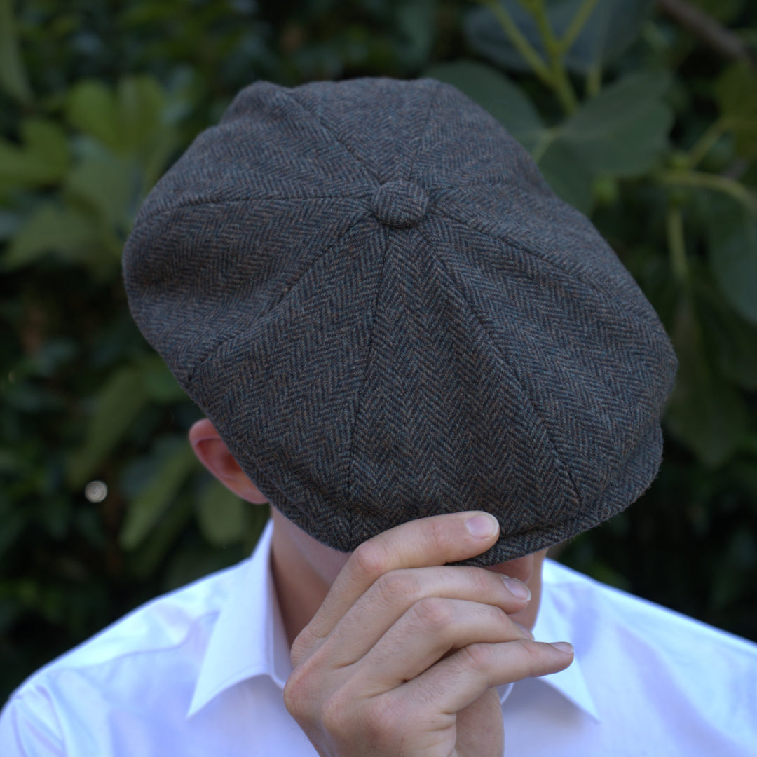 Olive Green Herringbone 100% Wool Newsboy Golfing Flat Cap